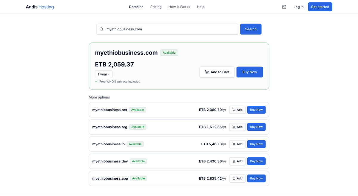 Domain search results showing available domains with prices in Ethiopian Birr