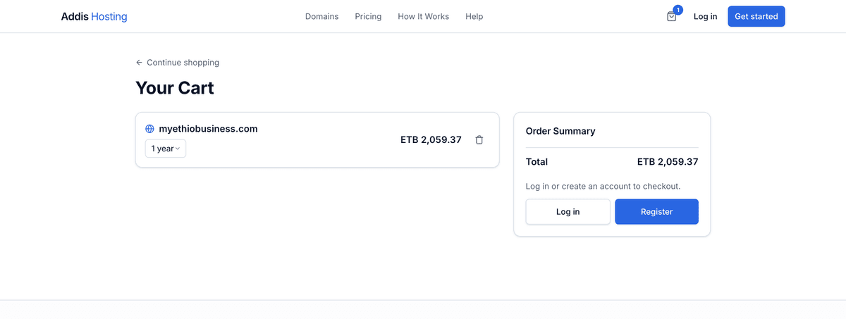 Shopping cart with domain selections and year options