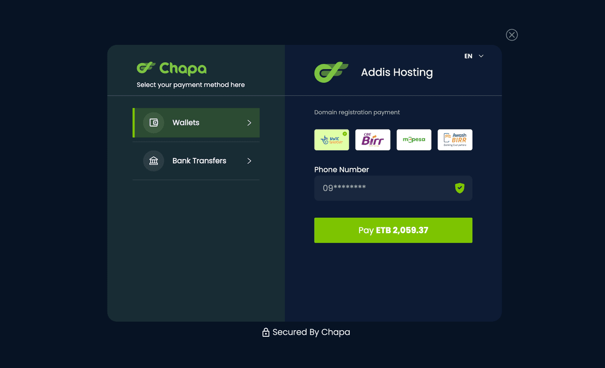 Secure checkout page with Ethiopian Birr payment